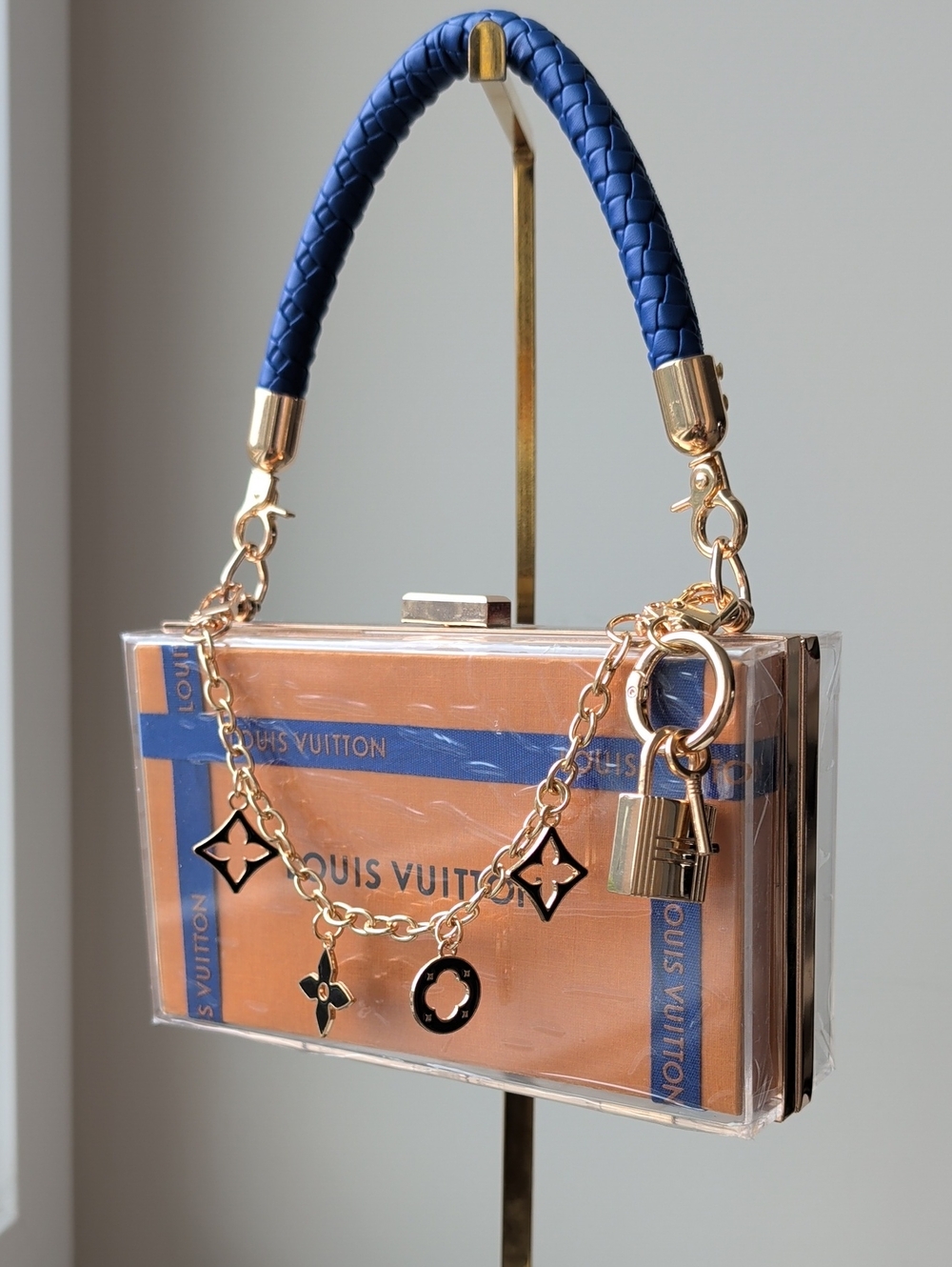 Upcycled Novelty Box Clutch with Tan and Royal Blue Accents